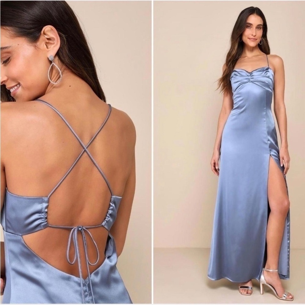 Lulus Stunning Example Dress Slate Blue Maxi Satin Backless NWT Size L